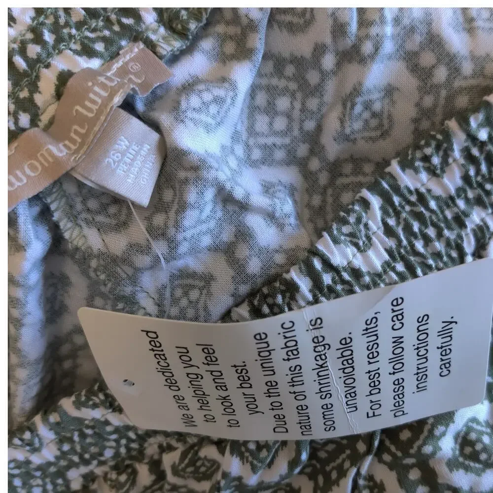 Woman Within Wide Leg‎ Printed Pull On Pants Olive & White Sz 26W Petite Rayon